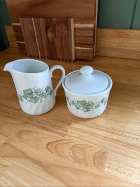 Corningware Creamer and Sugar Set with Green Floral Pattern